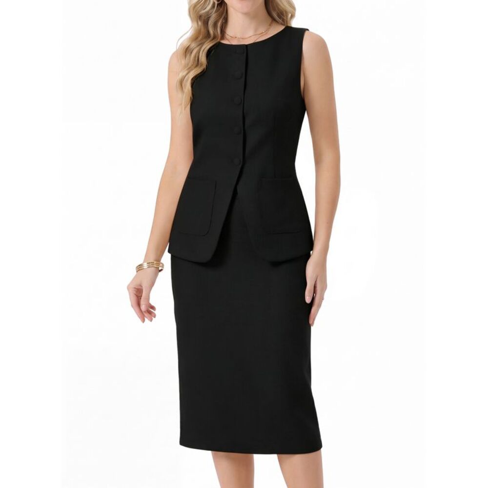 Women's Linen Outfits Skirt Suit Sets Dress Vest Casual Tops Black
